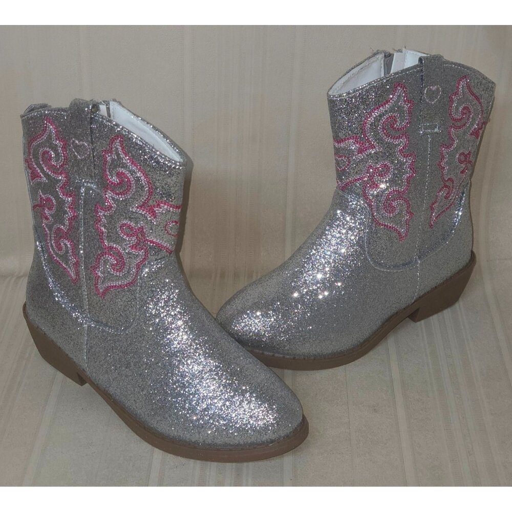 Cowboy Boots Silver Sparkle Glitter Youth Girl Size US 2 By Pawz NEW